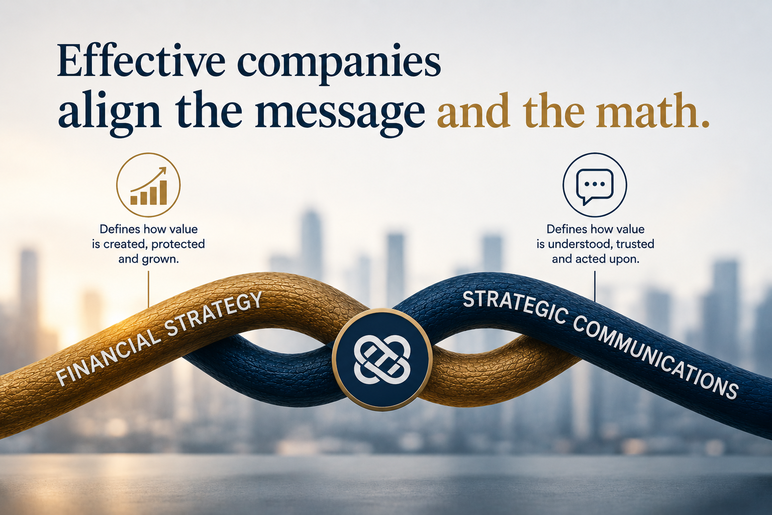Diagram showing Financial Strategy and Strategic Communications intertwined — Financial Strategy defines how value is created, protected and grown; Strategic Communications defines how that value is understood, trusted and acted upon